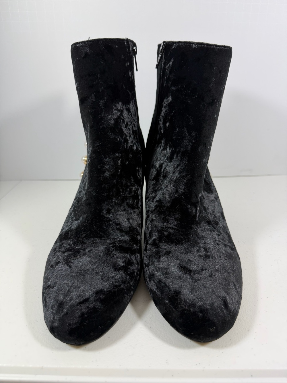 Isaac Mizrahi Black Velvet Ankle Boots with Side Pearl Detail - Women